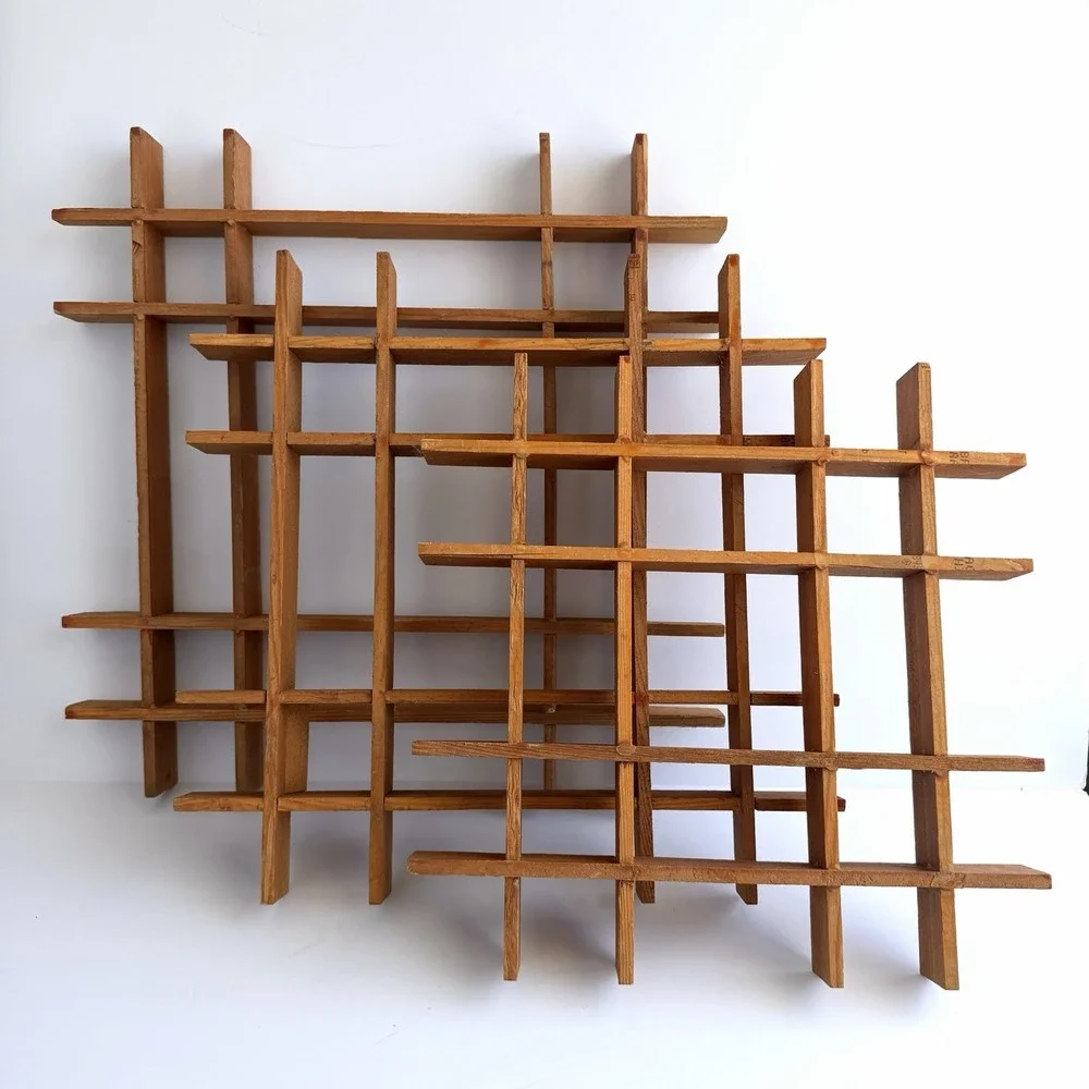 3pc VTG Mcm Curio Shelves Funny Knick Knack Display Handmade Wood Grid Set
